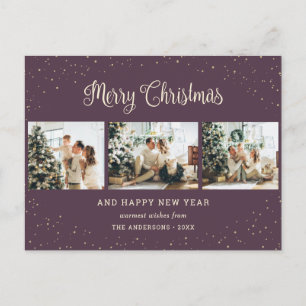 Modern Purple Photo Collage Merry Christmas Holiday Postcard