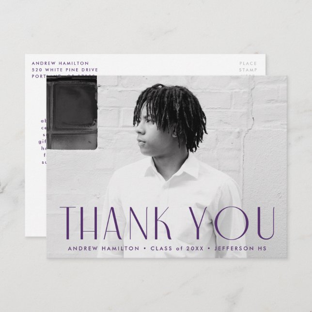 Modern Purple Photo Graduation Thank You Postcard (Front/Back)