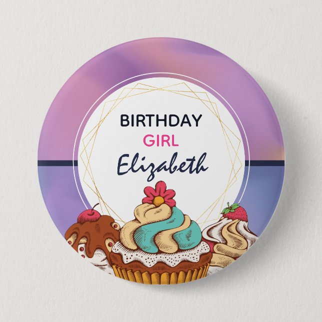 Modern Purple & Pink Abstract Birthday Girl 7.5 Cm Round Badge (Front)