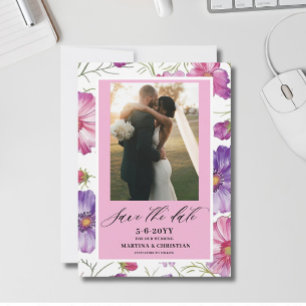 Modern Purple Pink Blossom Script Photo Wedding Save The Date