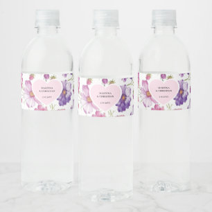 Modern Purple Pink Blossom Script Photo Wedding Water Bottle Label