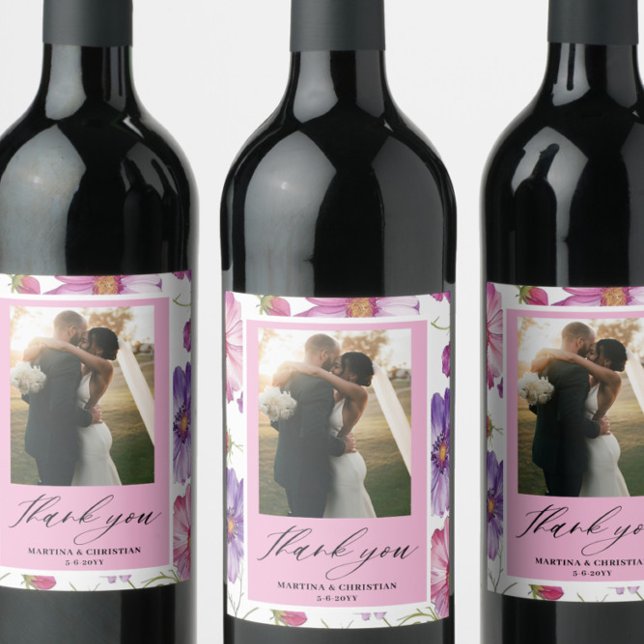 Modern Purple Pink Blossom Script Photo Wedding  Wine Label (Creator Uploaded)