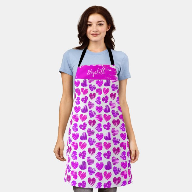 Modern Purple Pink Doodled Hearts Valentine Name  Apron (Worn)