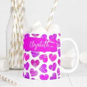 Modern Purple Pink Doodled Hearts Valentine Name Coffee Mug