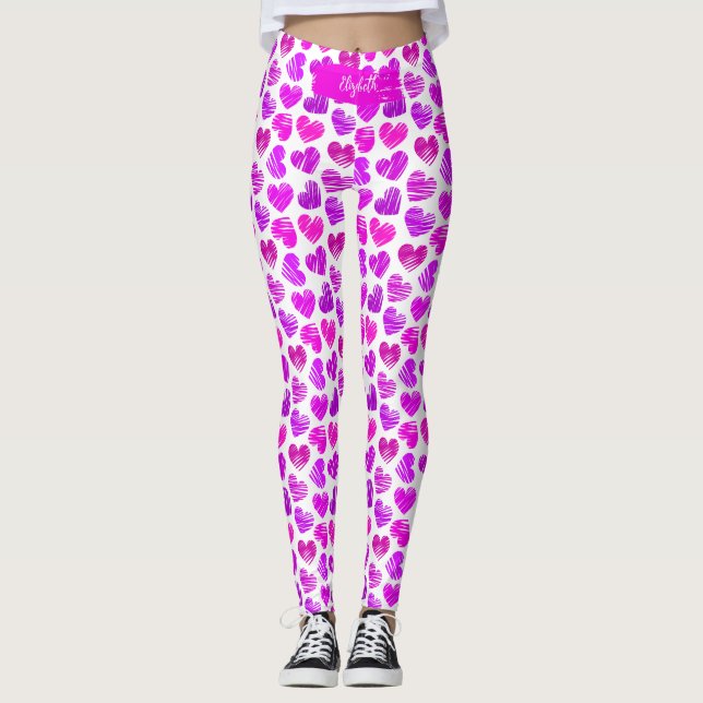 Modern Purple Pink Doodled Hearts Valentine Name  Leggings (Front)