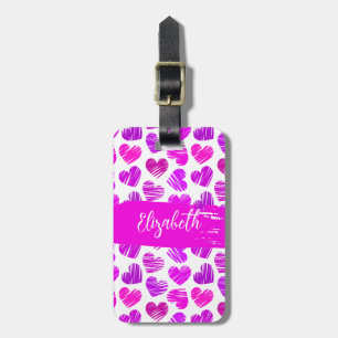 Modern Purple Pink Doodled Hearts Valentine Name  Luggage Tag