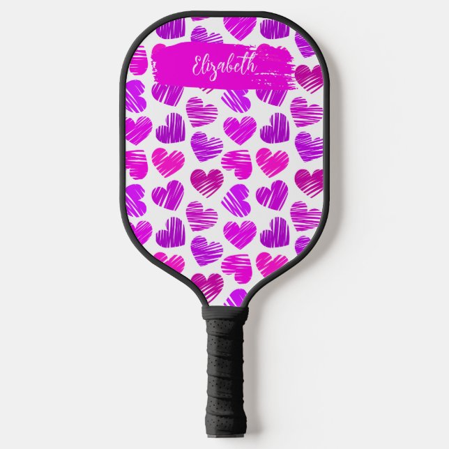 Modern Purple Pink Doodled Hearts Valentine Name  Pickleball Paddle (Front)
