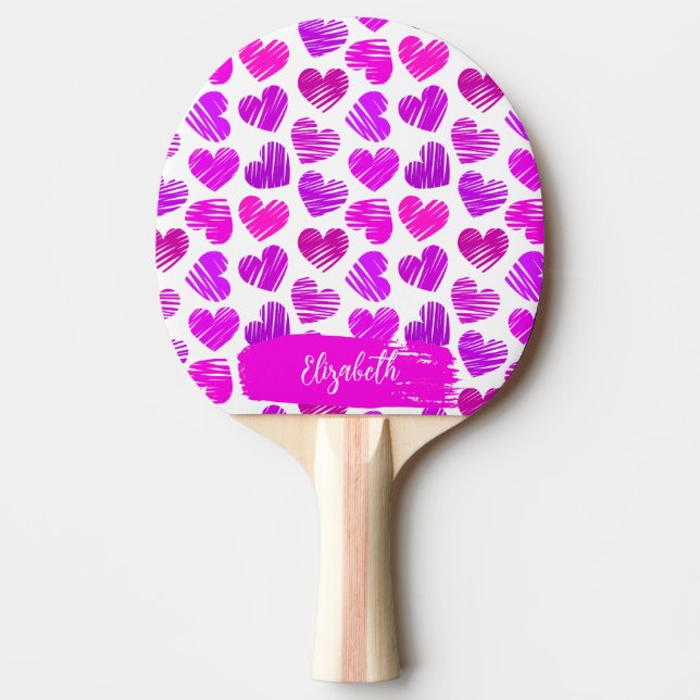 Modern Purple Pink Doodled Hearts Valentine Name  Ping Pong Paddle (Front)