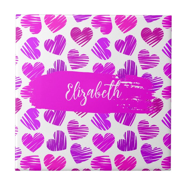 Modern Purple Pink Doodled Hearts Valentine Name  Tile (Front)