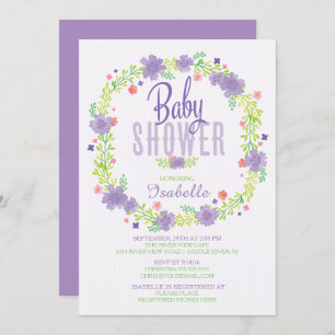 Modern Purple Pink Floral Wreath Baby Shower Invitation