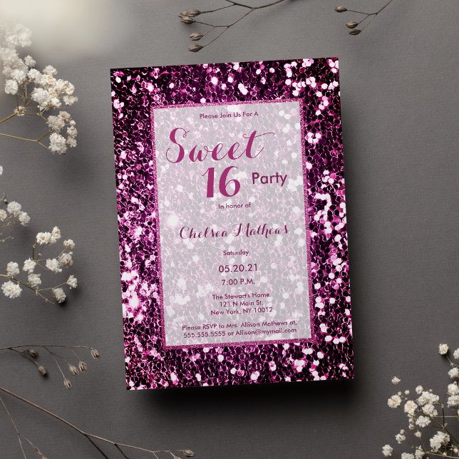 Modern purple pink girly trendy sequin Sweet 16  Invitation (Modern purple pink girly trendy sequin Sweet 16 )
