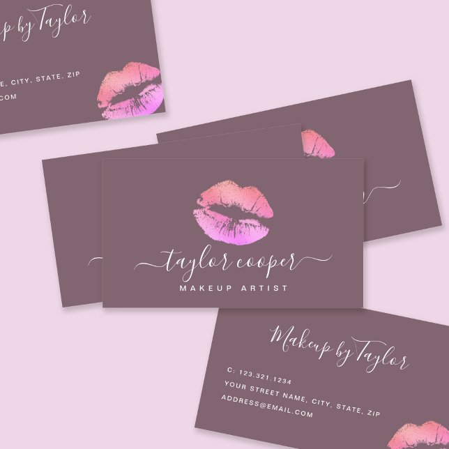Modern purple & pink lips makeup artist  business card (Creator Uploaded)