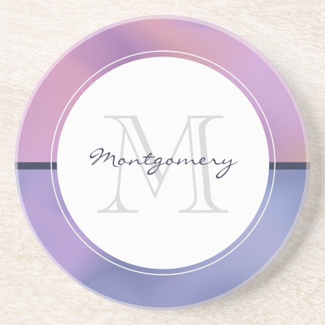 Modern Purple & Pink Swirling Abstract Monogram Coaster (Front)