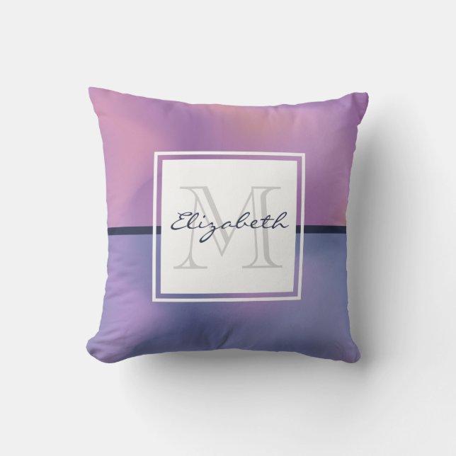 Modern Purple & Pink Swirling Abstract Monogram Cushion (Front)