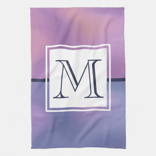 Modern Purple & Pink Swirling Abstract Monogram Tea Towel (Vertical)