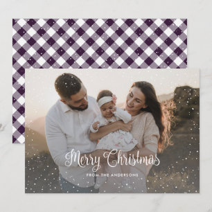 Modern Purple Plaid Snow Photo Merry Christmas Holiday Card