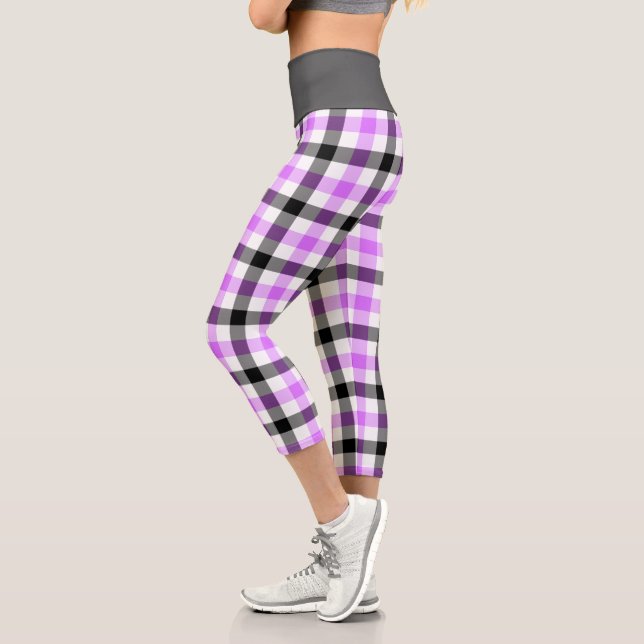 Modern Purple Plaid Tartan Pattern Capri Leggings (Left)