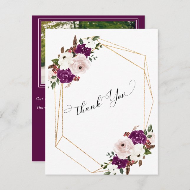 Modern Purple Plum Blush Pink Floral Wedding Thank You Card (Front/Back)