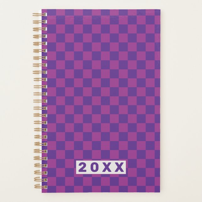 Modern Purple Plum Chequered Checks Pattern Planner (Front)