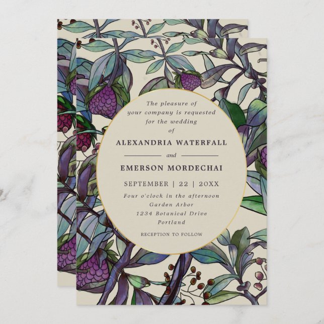Modern purple plum watercolor floral leaf wedding invitation (Front/Back)