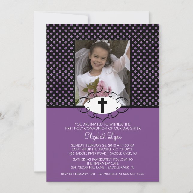 Modern Purple Polka Dots First Communion Inviation Invitation (Front)
