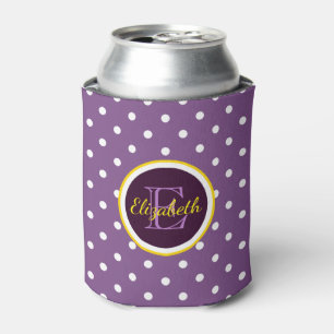 Modern Purple Polka Dots With Name Monogram Can Cooler