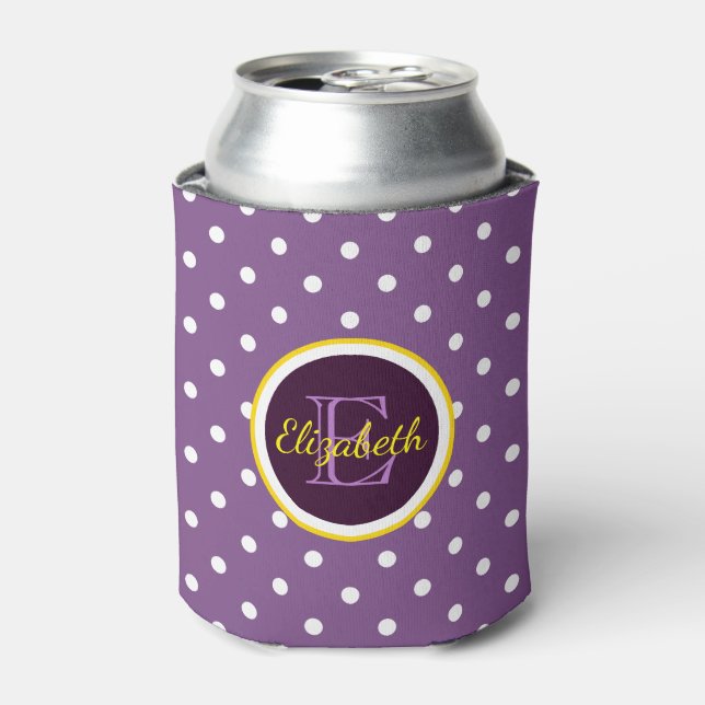 Modern Purple Polka Dots With Name Monogram Can Cooler (Can Front)
