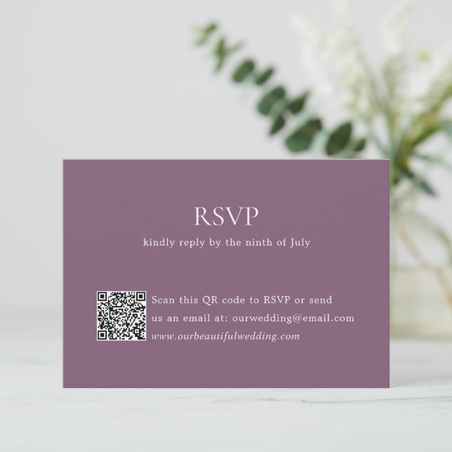 Modern Purple QR Code Elegant Wedding RSVP Card (Standing Front)