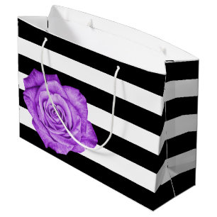 Modern Purple Rose Black White Striped Wedding Large Gift Bag