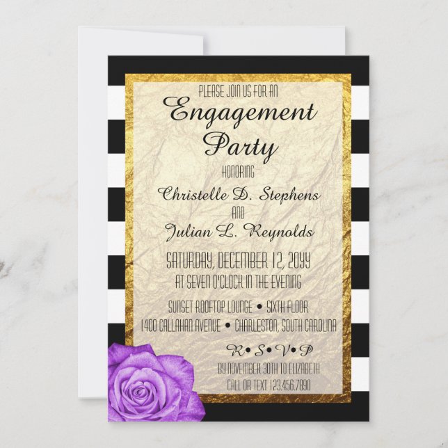 Modern Purple Rose Faux Gold Foil Engagement Party Invitation (Front)