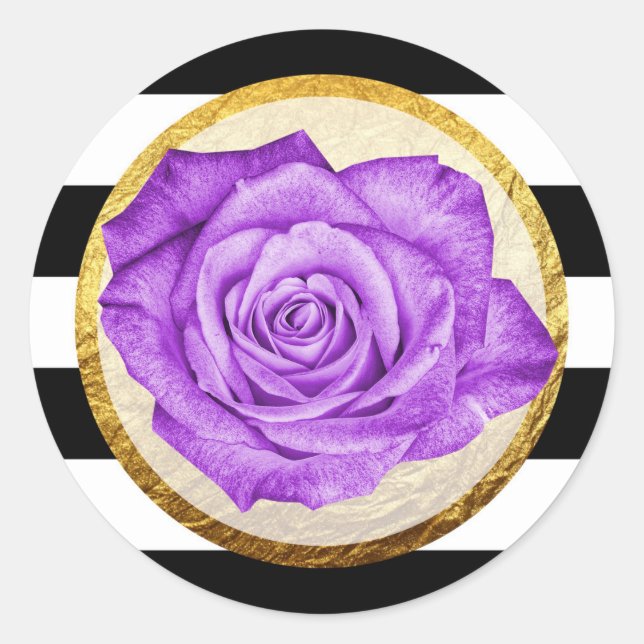Modern Purple Rose Faux Gold Foil Striped Wedding Classic Round Sticker (Front)