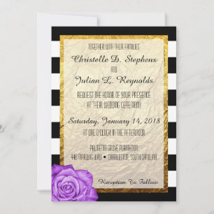 Modern Purple Rose Faux Gold Foil Striped Wedding Invitation