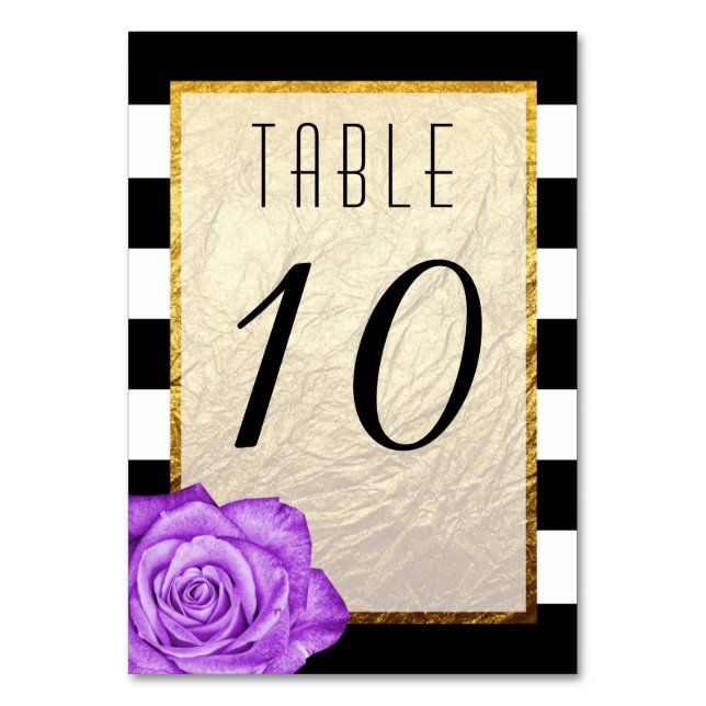 Modern Purple Rose Faux Gold Foil Striped Wedding Table Number (Front)