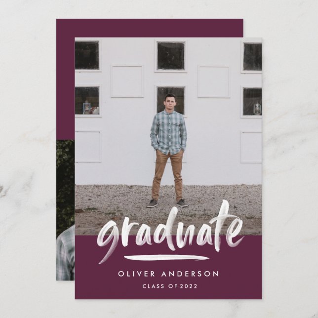 Modern purple script 3 photo stylish graduation invitation (Front/Back)