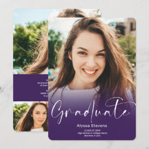 Modern purple script 4 photos graduation announcement