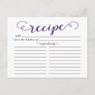 Modern Purple Script Bridal Shower Recipe Cards