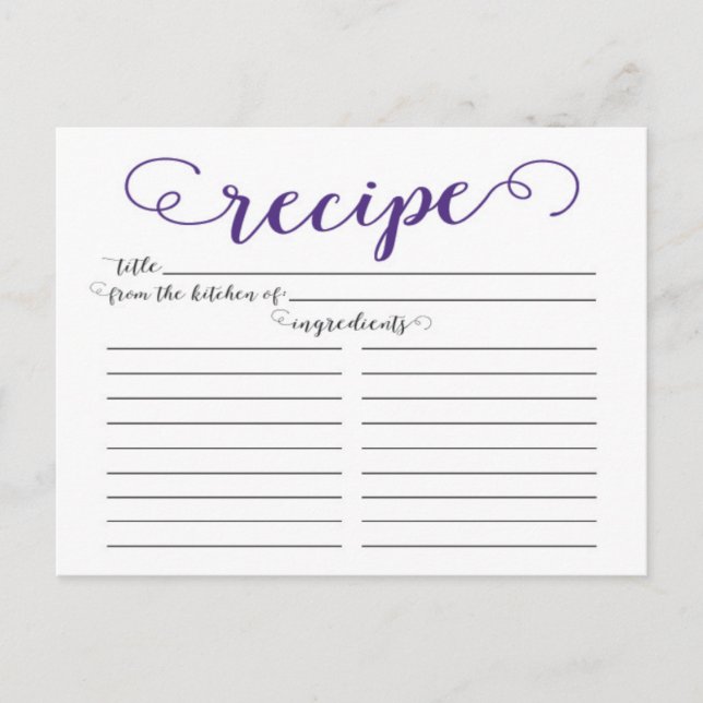 Modern Purple Script Bridal Shower Recipe Cards (Front)