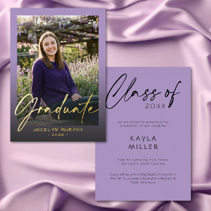 Modern Purple Script Graduation Photo Announcement