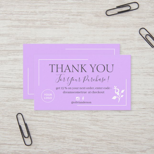 Modern Purple script order thank you business  Business Card (Front/Back In Situ)