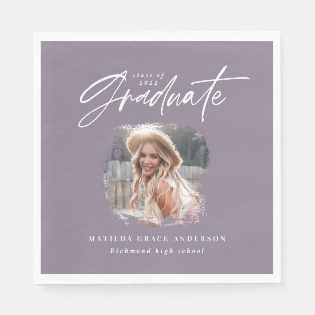 Modern purple script photo elegant graduation thro napkin (Front)