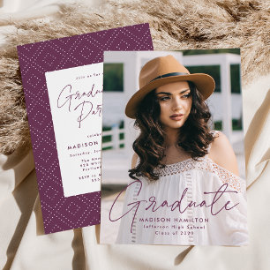 Modern Purple Script Photo Graduation Party Invitation