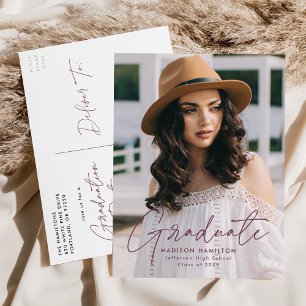 Modern Purple Script Photo Graduation Party Invitation Postcard