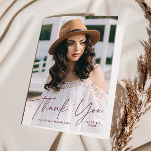 Modern Purple Script Photo Graduation Thank You Card