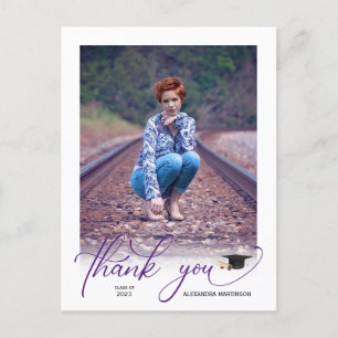 Modern Purple Script PhotoGraduation Thank You Postcard