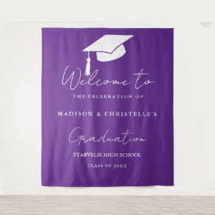 Modern Purple Script Twin Graduation Party Welcome Tapestry