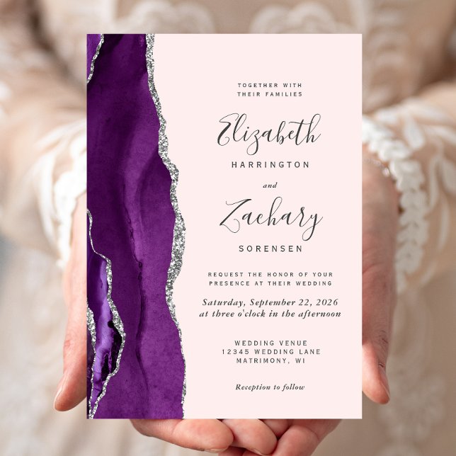 Modern Purple Silver Agate Blush Pink Wedding Invitation (Creator Uploaded)