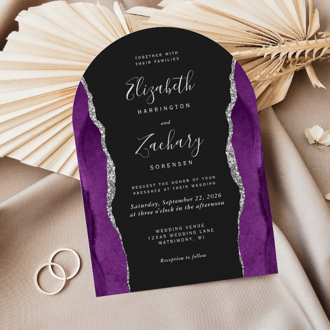 Modern Purple Silver Agate Dark Arch Wedding Invitation (Creator Uploaded)