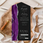 Modern Purple Silver Agate Dark Wedding All In One Invitation<br><div class="desc">The left-hand edge of this elegant modern all-in-one wedding invitation and RSVP features a purple watercolor agate border trimmed with faux silver glitter. The customizable text combines silver gray handwriting, copperplate and italic fonts on an off-black background. The return address appears on the outside flap and the reverse side of...</div>