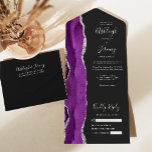 Modern Purple Silver Agate Dark Wedding All In One Invitation<br><div class="desc">The left-hand edge of this elegant modern all-in-one wedding invitation and RSVP features a purple watercolor agate border trimmed with faux silver glitter. The customisable text combines silver grey handwriting, copperplate and italic fonts on an off-black background. The return address appears on the outside flap and the reverse side of...</div>