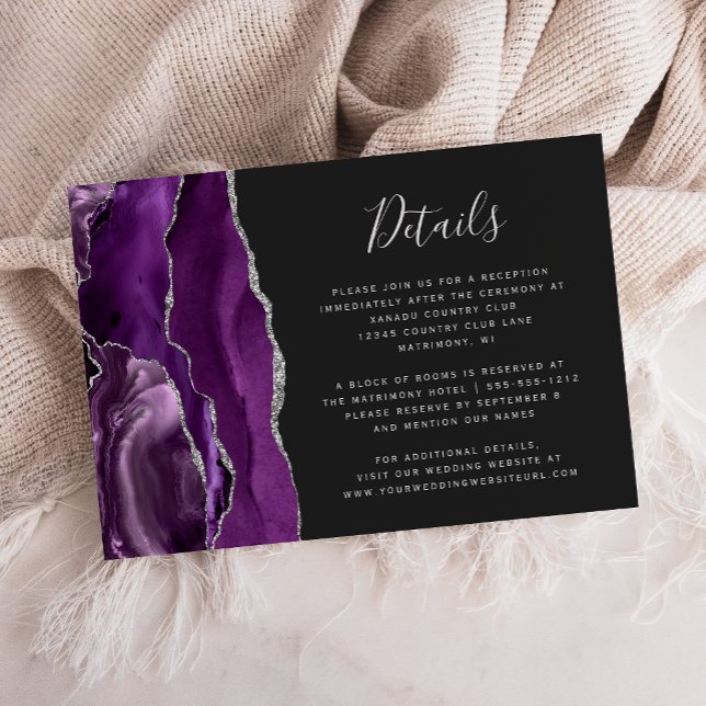 Modern Purple Silver Agate Dark Wedding Details Enclosure Card (Creator Uploaded)